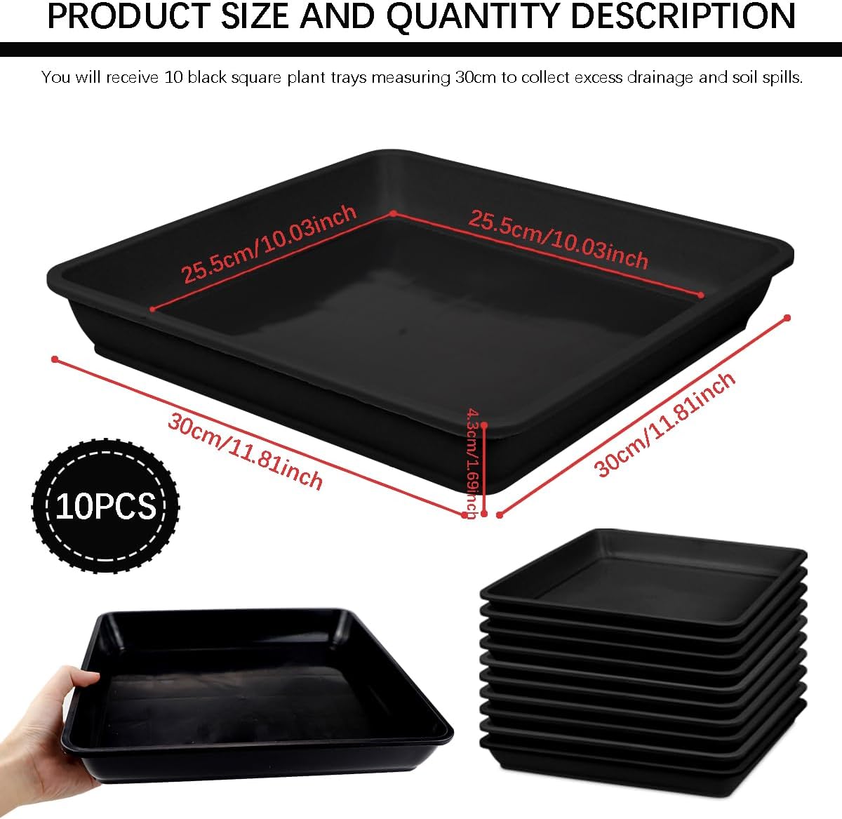 10Pcs Square Plant Pot Saucer 11 Inches Thick Plastic Flower Pot Bottom Seat Flower Pot Tray Drip Tray for Garden Potted Water Drips and Soil（Black）