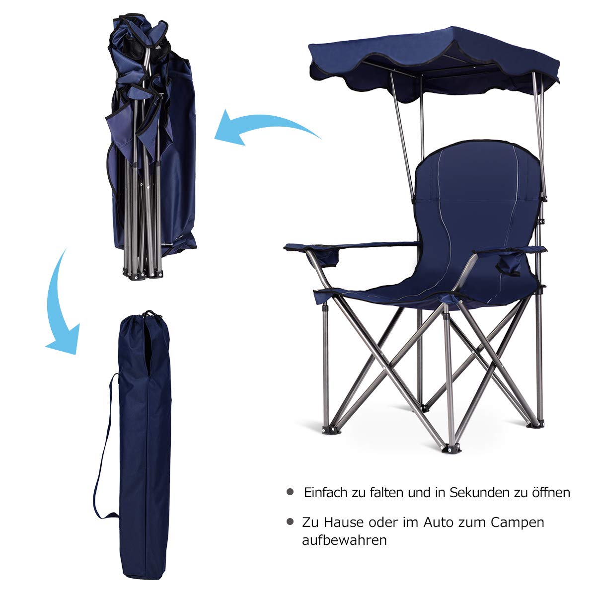 COSTWAY Campingstuhl faltbar mit Sonnenschutz, Klappstuhl mit Getränkehaltern, Angelstuhl XXL, bis 120 kg belastbar, Faltstuhl mit Tragetasche, für Camping, Angeln