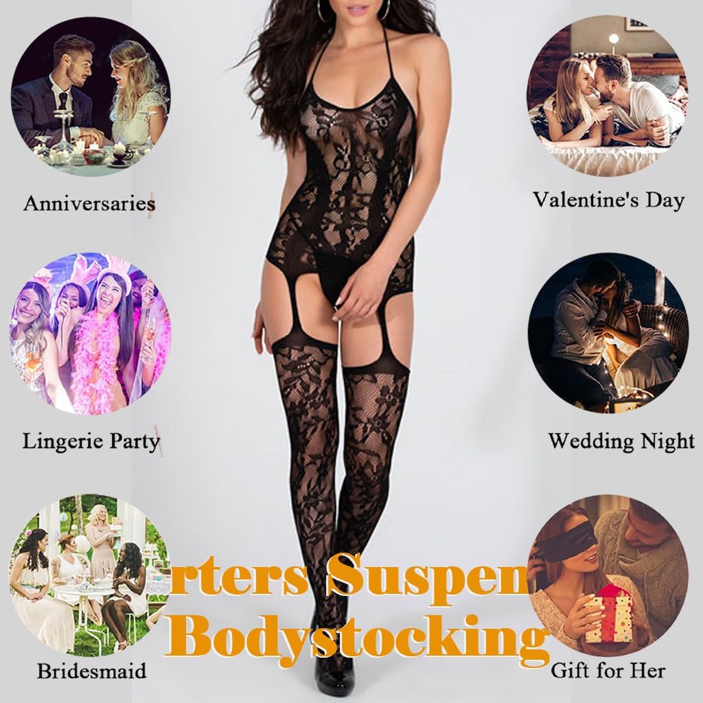 Women’s Fishnet Bodystocking Sexy Lingerie Halter Bodysuit with Suspenders Mesh Body Stocking Stretchy Tights