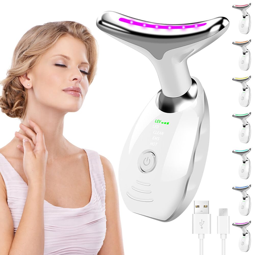 XPJBKC Masajeador Facial Reafirmante,7led Masajeador Facial Electrico,3 Modos Ems Masajeador Facial Eléctrico,Masajeador Cara Cuello,45°c Masaje Con Dispositivo Facial(Blanco)