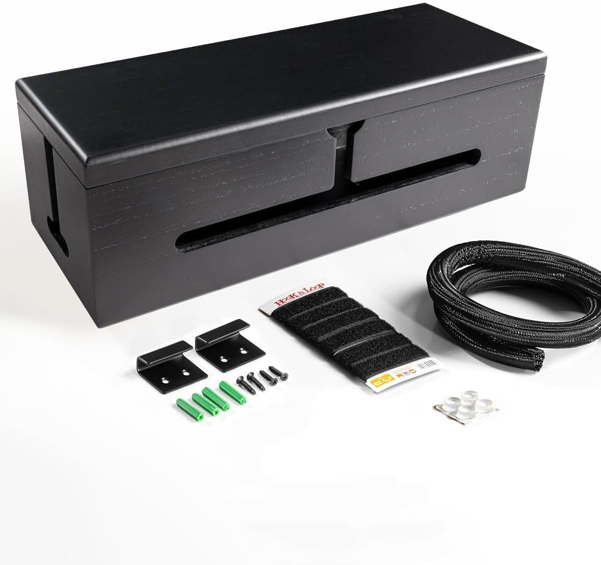 Black Wooden Large Cable Management Box - Wall Mount Cord Organizer Cable Management Box for Cord Hider and Cord Management - Cable Organizer Box with Protector Cable Sleeve (Black)