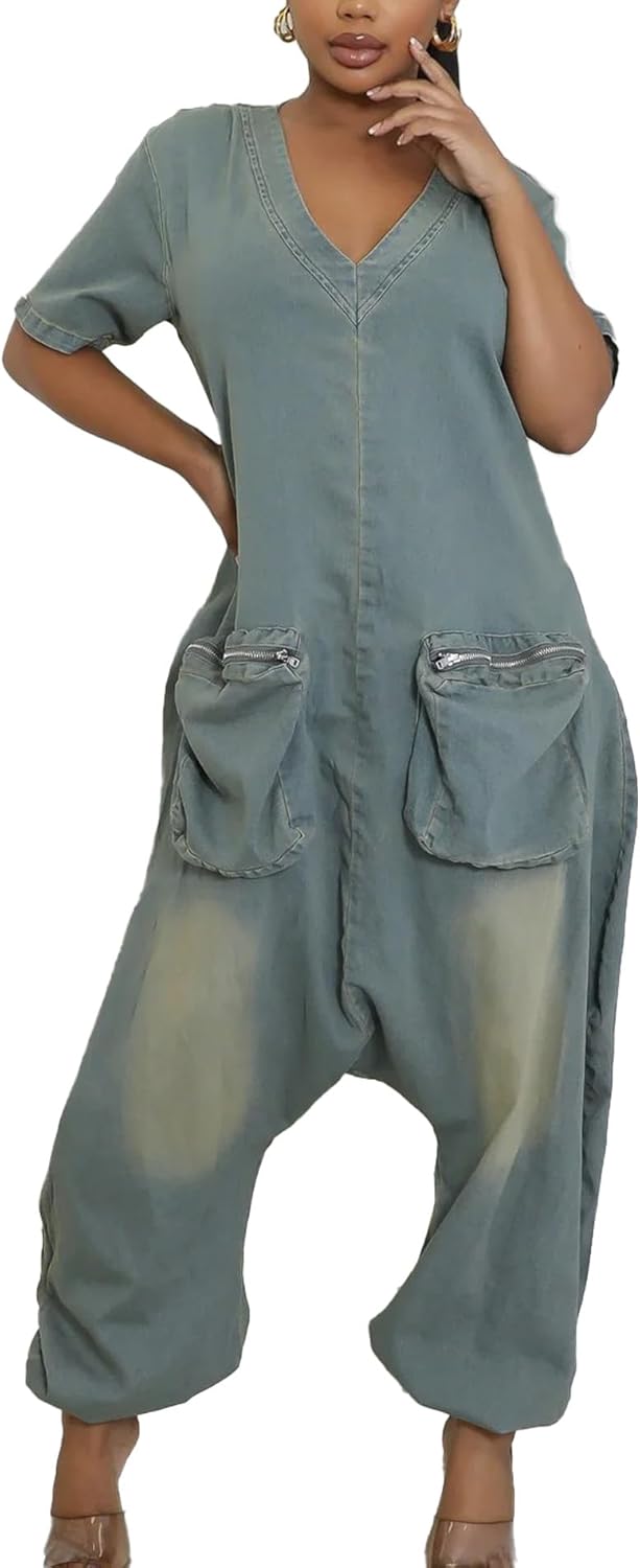 xxxiticat Women's Blue Demin Jumpsuit Short Sleeve Loose Fit Front Pockets V Neck Back Zipper One Piece Romper Overalls