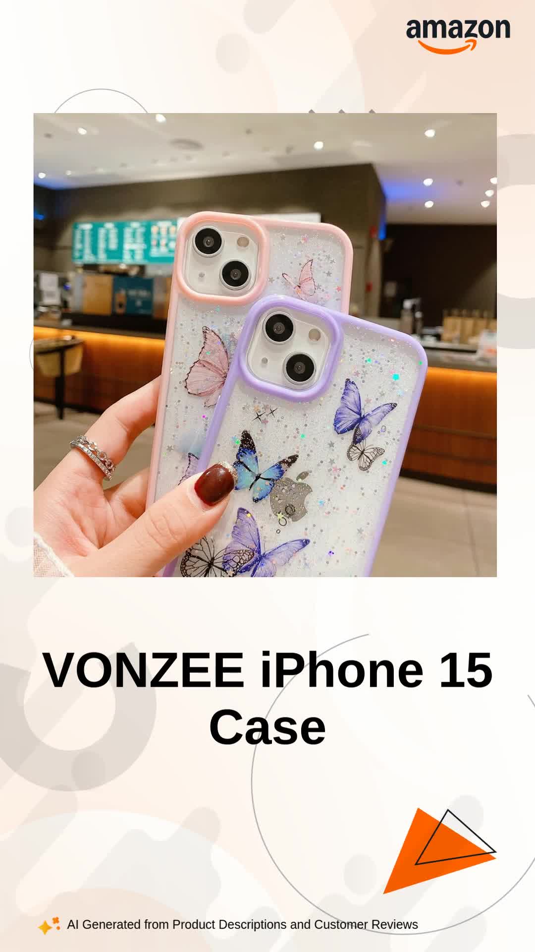 VONZEE for iPhone 15 Clear Glitter Butterfly Case, Cute Bling
