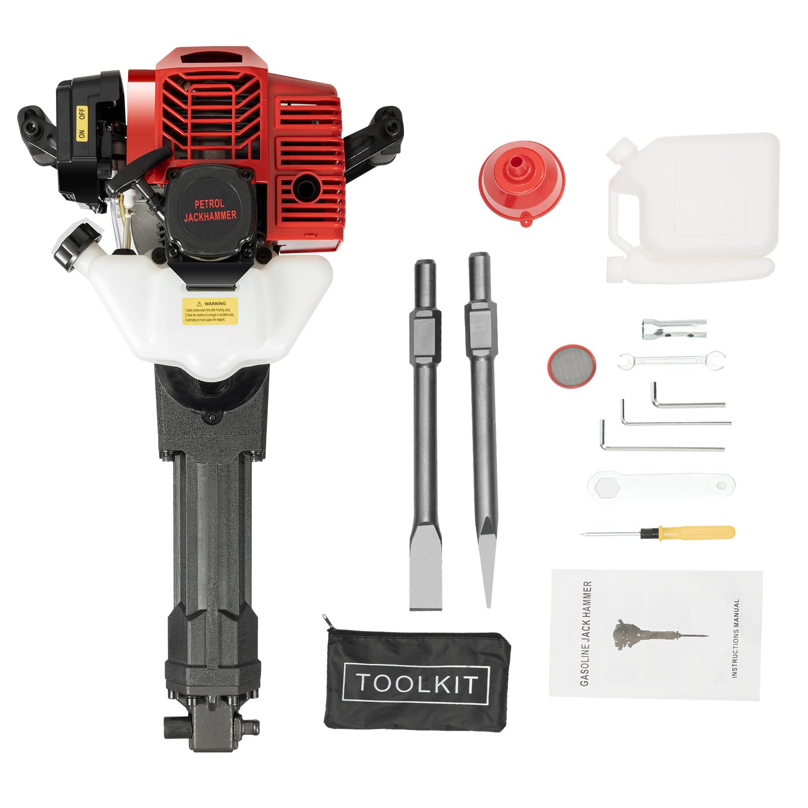 1900W Demolition Jack Hammer, 52cc 2 Stroke Gas Powered Concrete Breaker with 1500bpm, 2 Chisels (Point & Flat), Demolition Hammer Concrete Tools for Rock Demolition, Construction, Concrete Breaking
