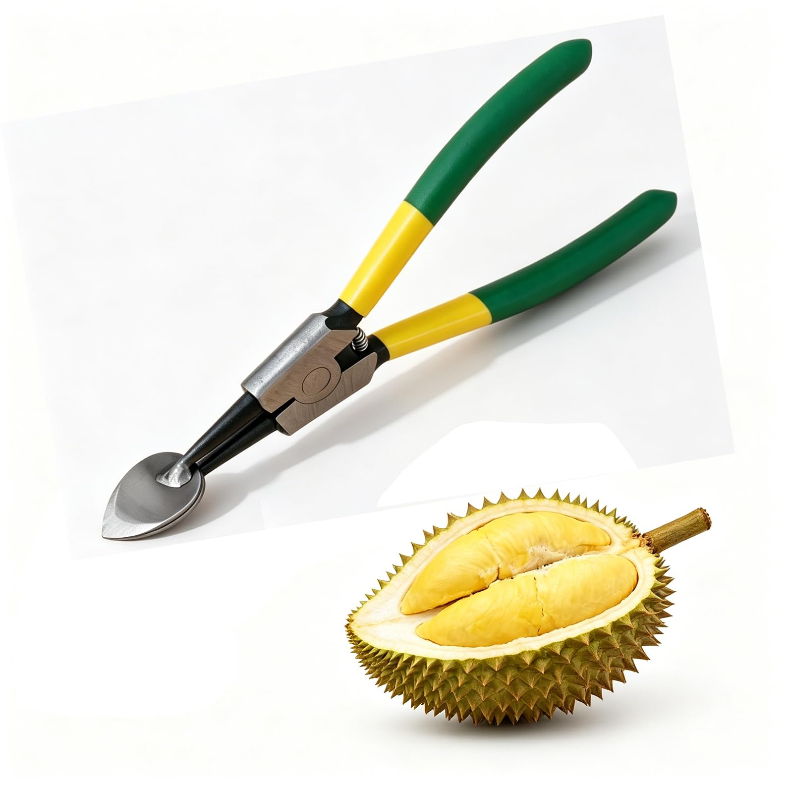 WENGPUREN Durian Opener Tool, Pliers-Style Stainless Steel Durian Cutter with Teardrop Head, Heavy Duty Fruit Splitter Tool for Easy Durian Opening Yellow Twin pack