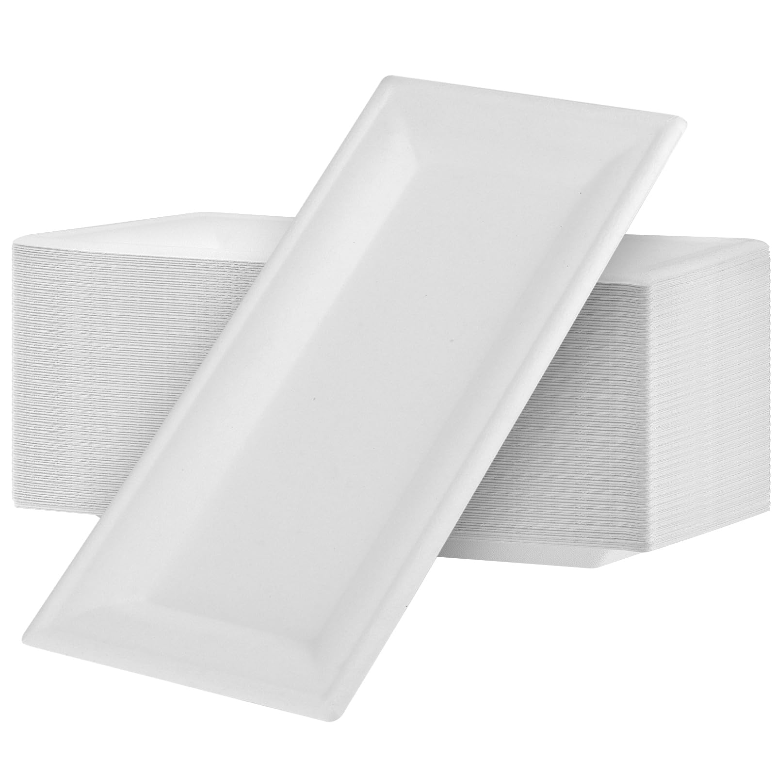 KOHAND 100 Pack Rectangular Paper Plates, 26 x 13cm White Bagasse Sugarcane Disposable Tableware for Picnic Parties, BBQ, Daily Use