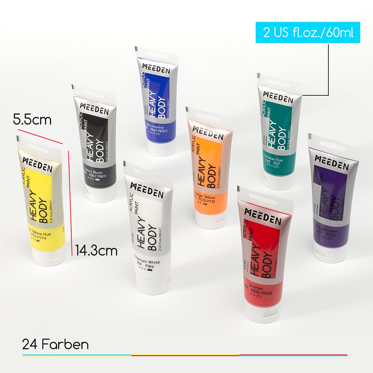 MEEDEN Heavy Body Acrylfarben Set: Matt Acrylic Paint mit 24 x 60 ml für Leinwand Holz Bemalen - Grundfarbe Acryl Set mit intensiver Pigmentierung für Anfänger Künstler Kinder Student Erwachsene