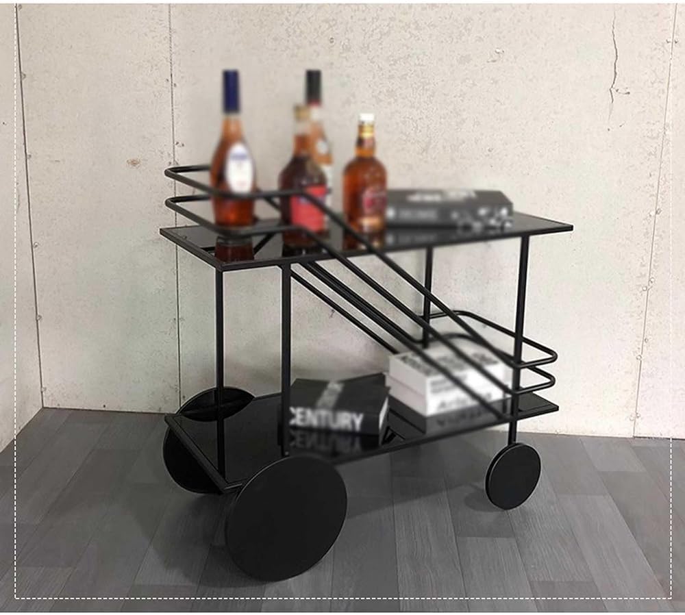 Chariot de service moderne à 2 niveaux en verre et métal avec roulettes – Barre de rangement pour café et vin – Étagère de rangement mobile