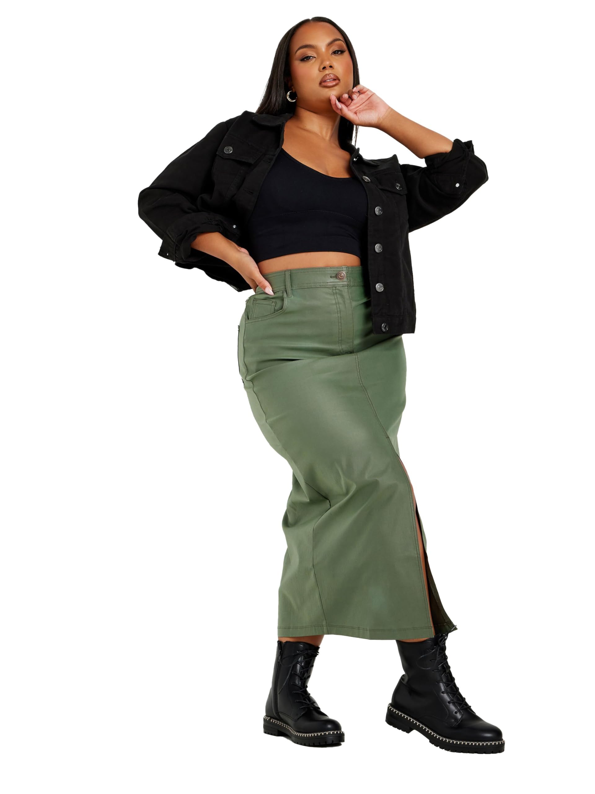 Yours Curve Khaki Coated Split Hem Midaxi Skirt - Women's - Plus Size Curve