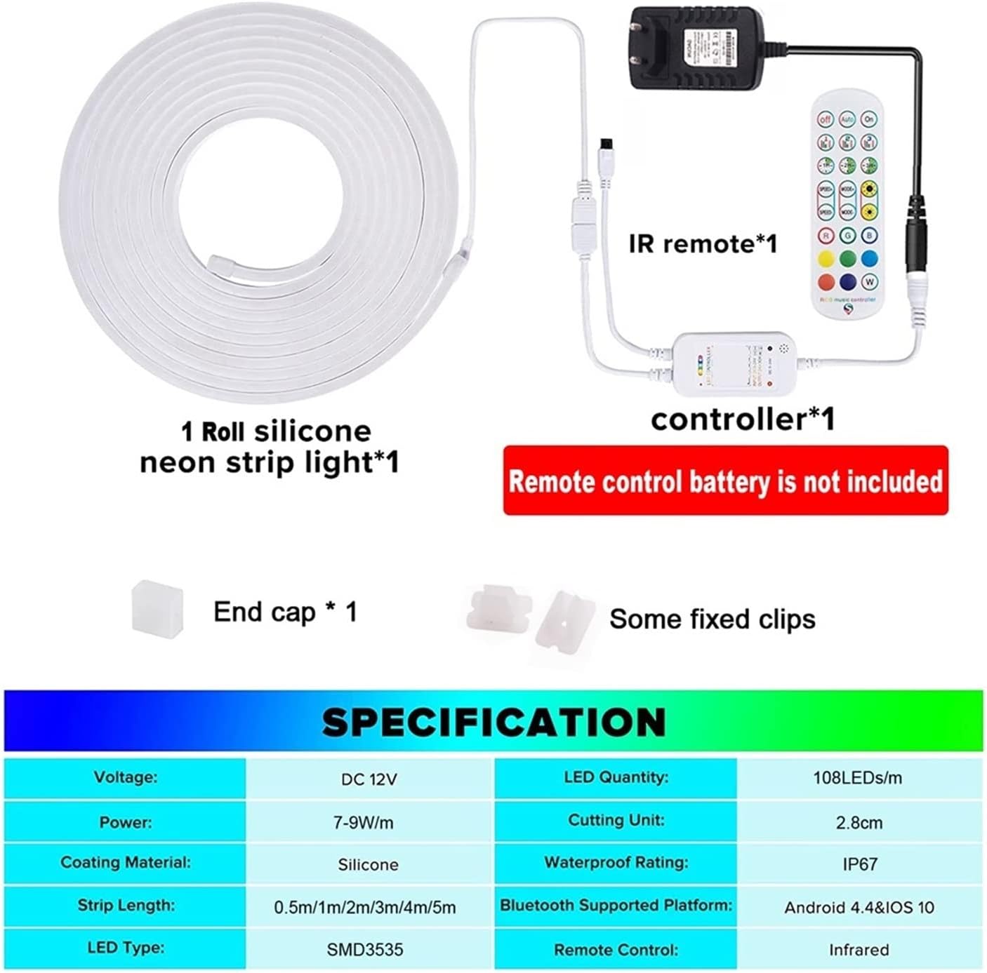 12V LED RGB ネオンストリップ防水シリコーンライトロープ 108LED 調光