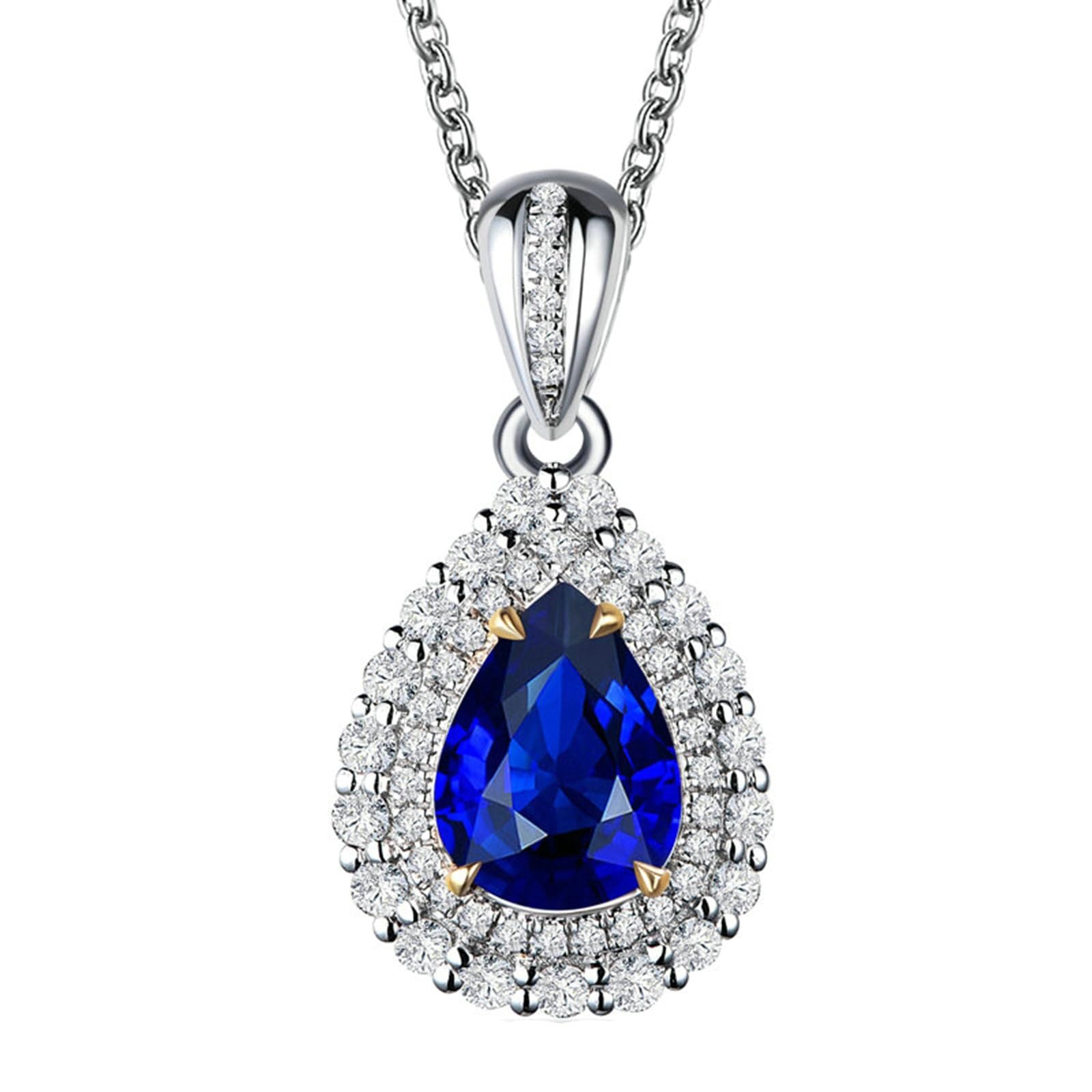 Collana Oro 18 Kt 750 Donna, Ciondolo Oro Bianco Diamante Goccia con Zaffiro 1.1ct