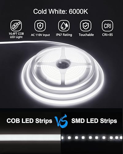 Miniatura 2 de ALITOVE Tira de luces LED de 110 V, 120 V, impermeable, 16.4 pies, estilo COB, súper brillante, tira de luces LED blancas de 6000 K CRI90+ para