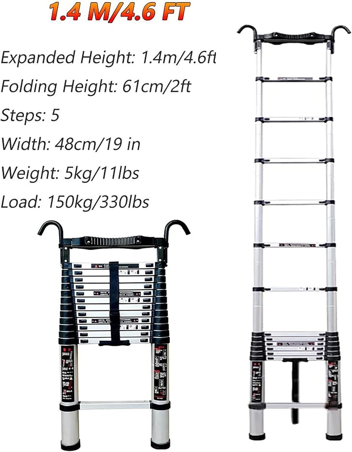 Ladderscopiladder with Detachable Hook, Aluminum Portable Extension Ladder for Climb Home Builders Attic Work Place Emergency Use, Load 150Kg/1.4M/4.6Ft