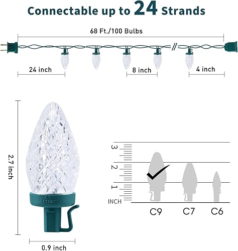 Miniatura 4 de Luces LED de Navidad C9 para exteriores, cadena de 100 LED de 68 pies con clips todo en uno, luces de Navidad impermeables de grado comercial para