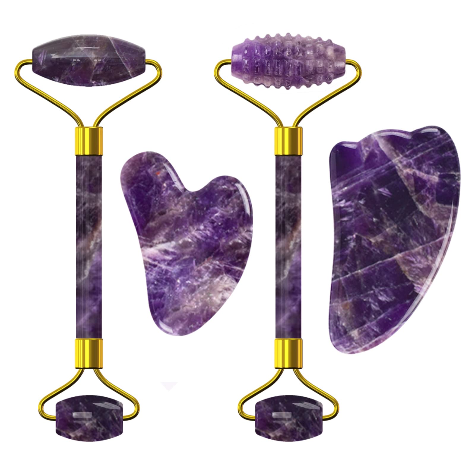 Amethyst Jade Roller Gua Sha Board for Face Lifting Natural Purple Crystal Eye Mask Facial Skin Care Tool,4in1 Set