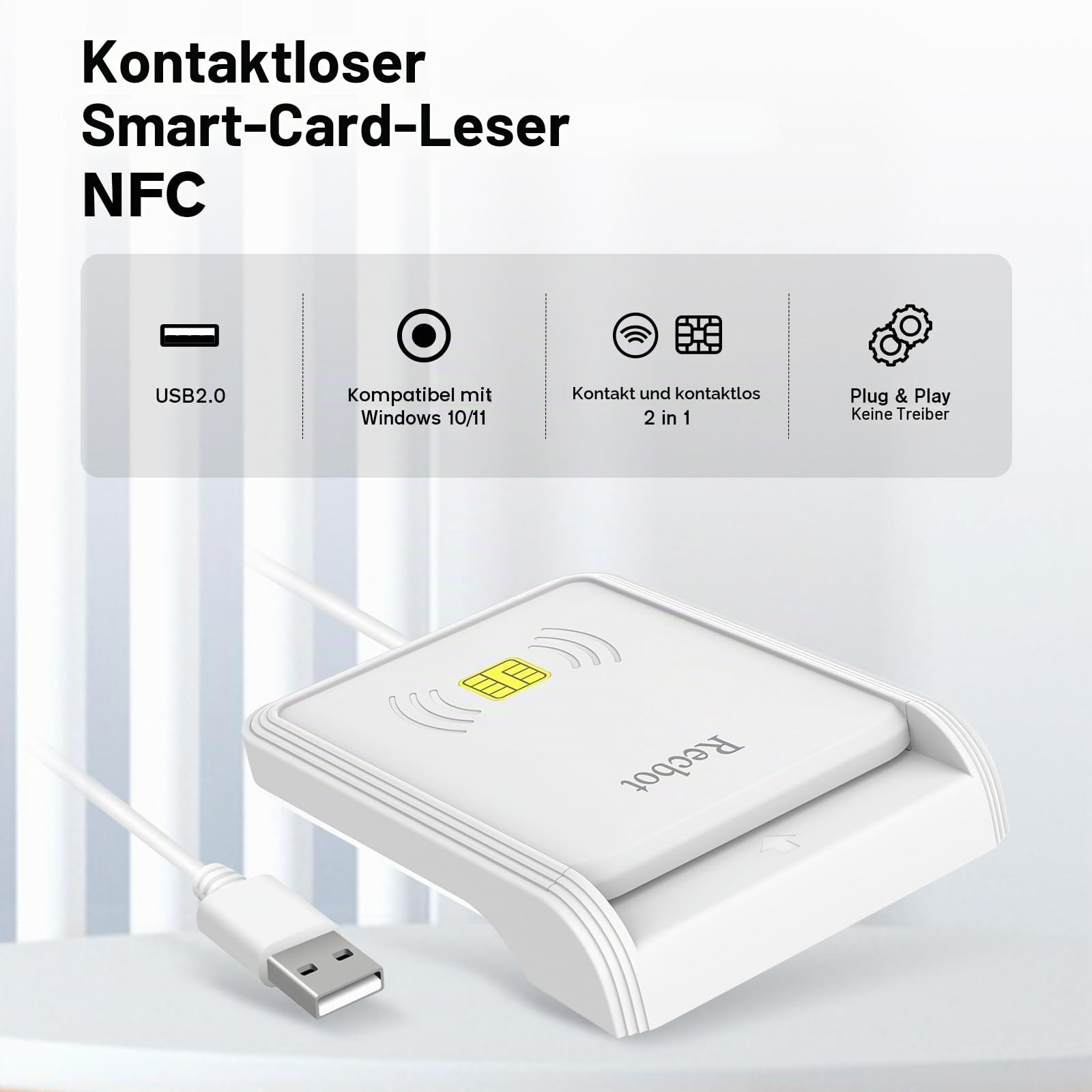 Recbot CIE 3.0-Leser, NFC Kartenleser, elektronischer Identifikations-Kartenleser, Smart Card Signatur-Leser, Cie 3.0 Kartenleser und Krankenversicherungskarte für PC, kompatibel mit Windows 10 und | USB Smart Card Reader Digital Signatur, kompatibel mit