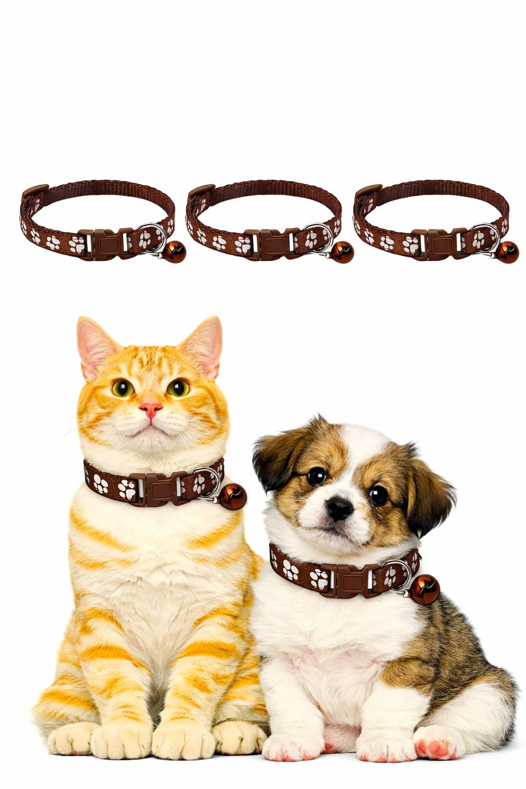 Cat Collar 3 Pack with Bell, Adjustable Nylon, Paw Print Design, Multiple Colours, for Cats and Small Dogs (Brown)