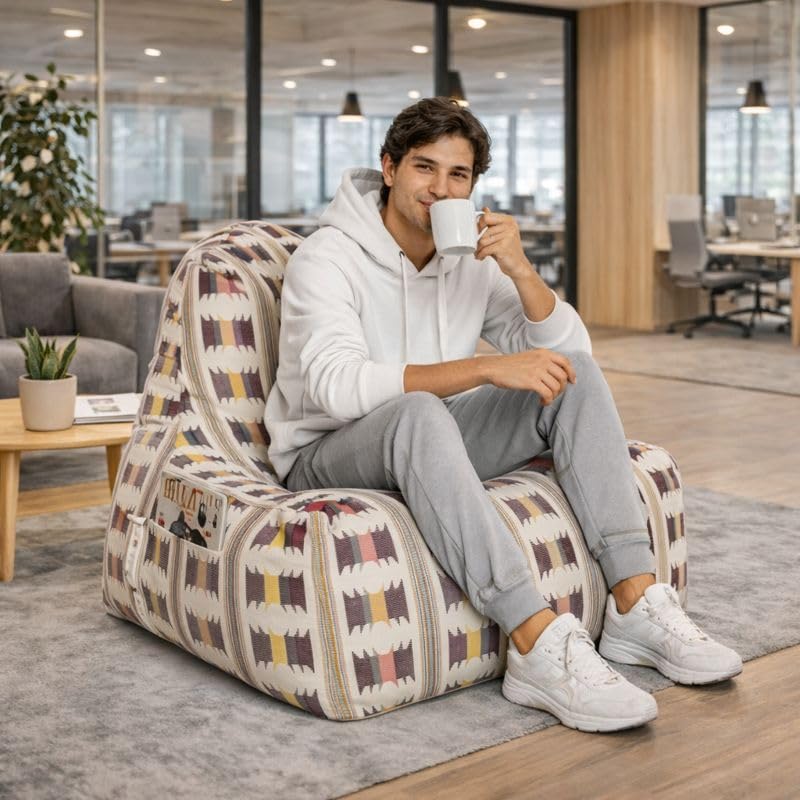Image of Style Homez Hackey Cotton Canvas Ikat Printed Bean Bag XXL Size Filled with Beans Fillers