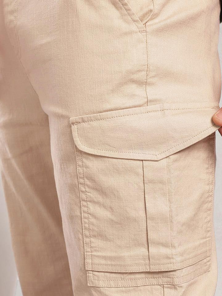 Image of Vogaan Men Cotton Linen Blend Cargo Pants | Mid Rise Regular Fit Casual Trousers | Multi Pocket Utility Bottom Wear | Comfortable Breathable Fabric Travel Outdoor Styling