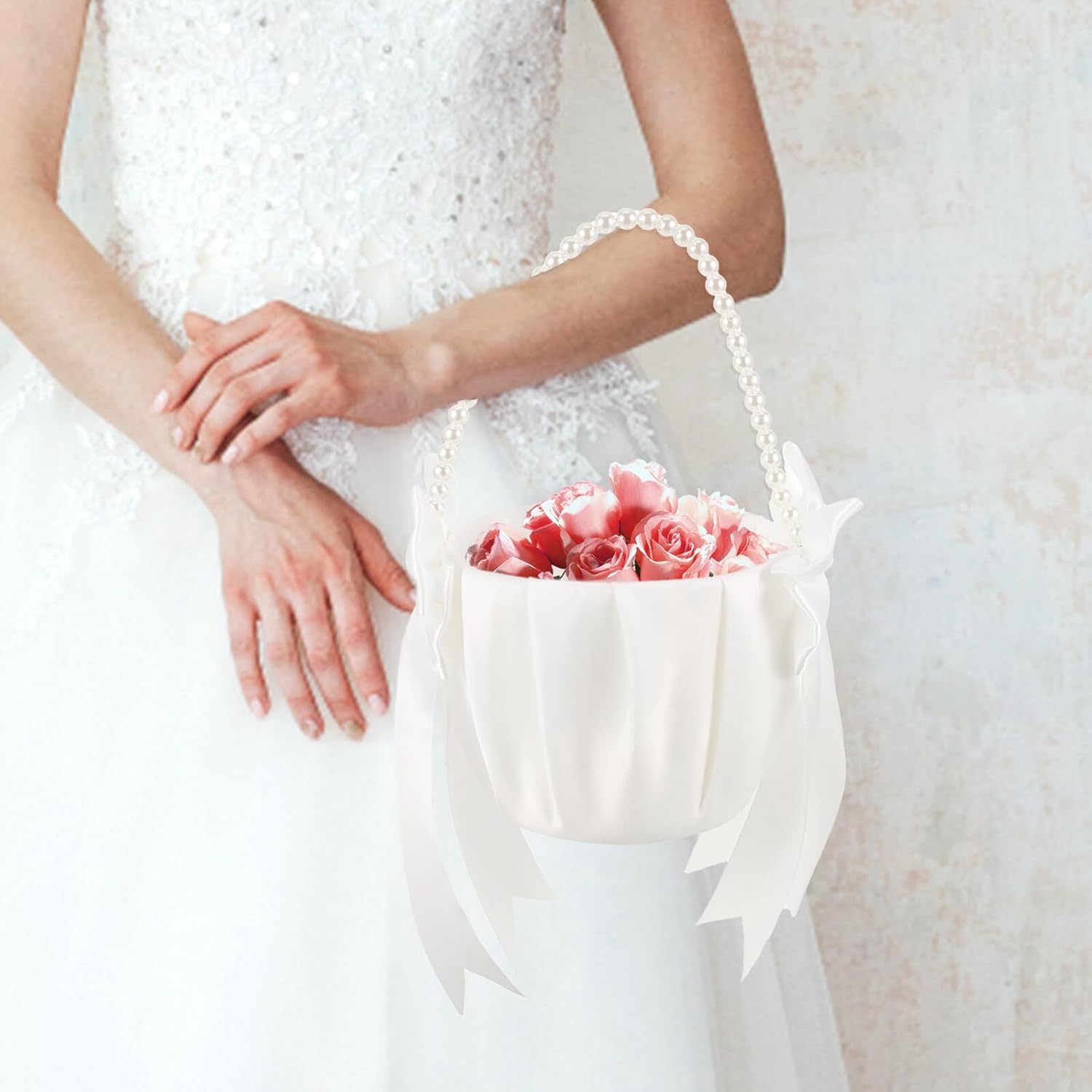 PRETYZOOM Flower Girl Basket with Pearl Handle Lace Satin Petal Basket for Wedding Ceremony for Flower Girl and Wedding Party Supplies