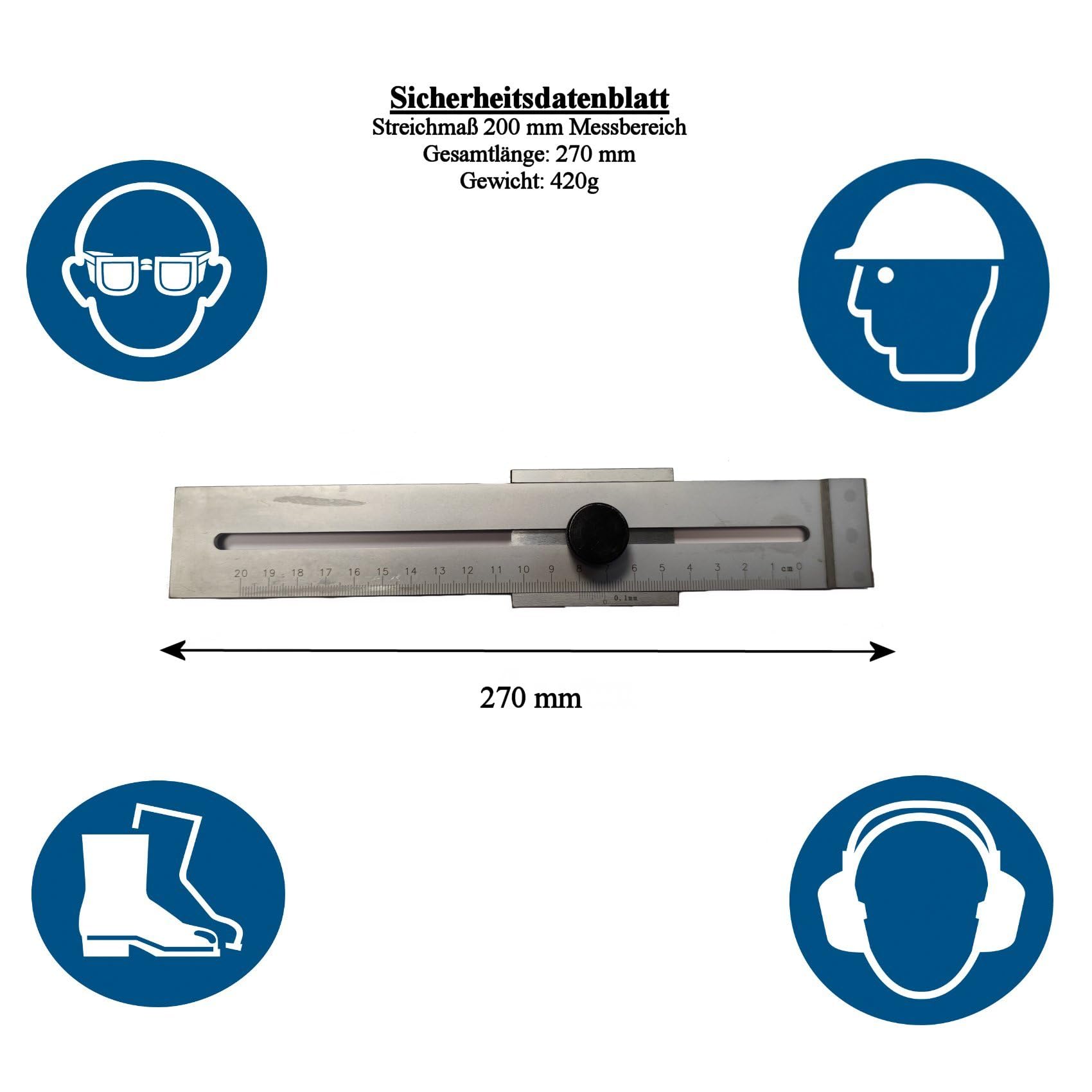 WRS Präz.-Streichmaß, mattverchromt, gelaserte Skala, mm-Teilung, Anreißkante gehärtet (200 mm Meßb. INOX)