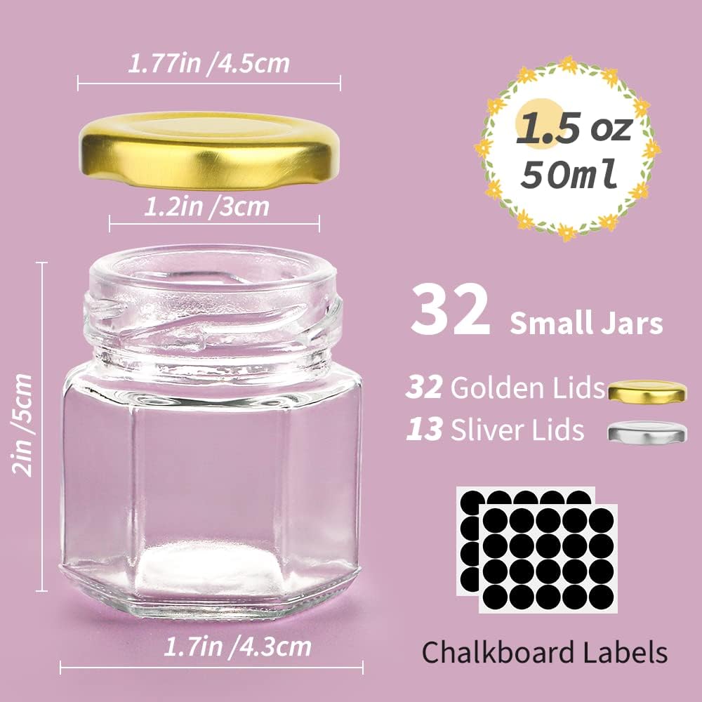 Syntic 32 Pcs 1.5 oz (50ML) Hexagon Jars/Glass Jars with Gold Lids, Small Mason Jars for Wedding, Party Favors, Extra 10 Silver Lids, Chalkboard Labels