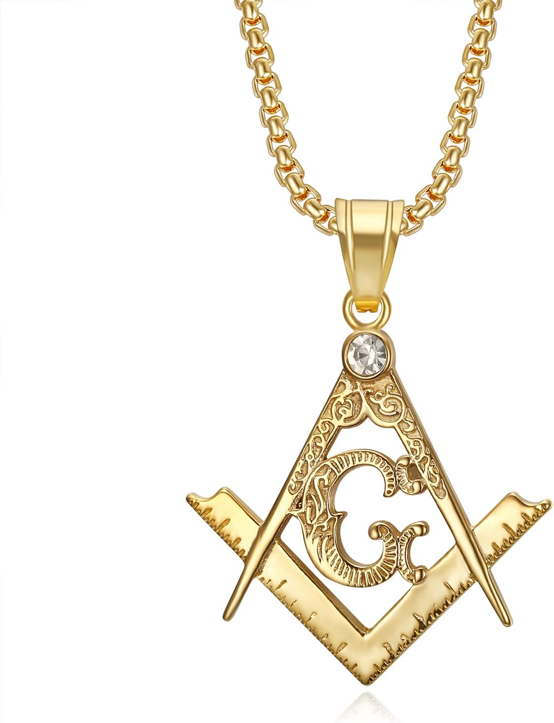 NEGS 18K Gold Plated Vintage Freemason Symbol Pendant Stainless Steel Hip Hop Necklace for Men, 24 Inch Chain Classic Masonic Jewelry Gift