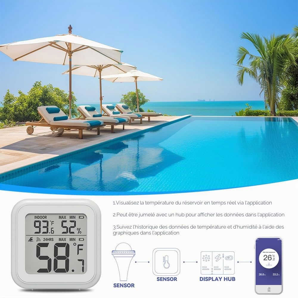 Thermomètre Piscine Connecté, TGKYK Thermomètre Piscine Flottant avec vue à 360° et 3 écrans LCD, Thermometre Piscine Sans Fil, Thermometre Piscine Digital pour Piscine, étang