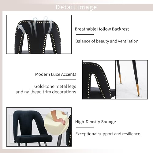 Miniatura 6 de Juego de 2 sillas de comedor de terciopelo, juego de 2, sillas de cocina y comedor, tapizadas de terciopelo, ribete de cabeza de clavo, patas de