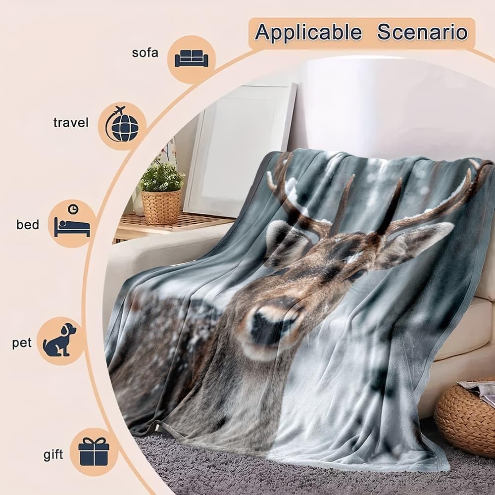 Flanelowy koc na sofę 180 x 220 cm zimowy łoś zwierzę miękki miękki koc na łóżko małżeńskie, brązowy przytulny i ciepły 3D koce polarowe dla dzieci/dorosłych