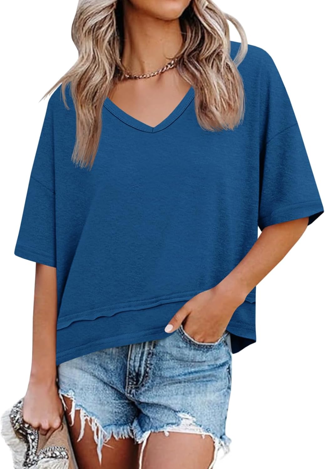Cicy Bell Womens Summer V Neck T Shirts Casual Short Sleeve Flowy Tops Cute Loose Fit Basic Tees