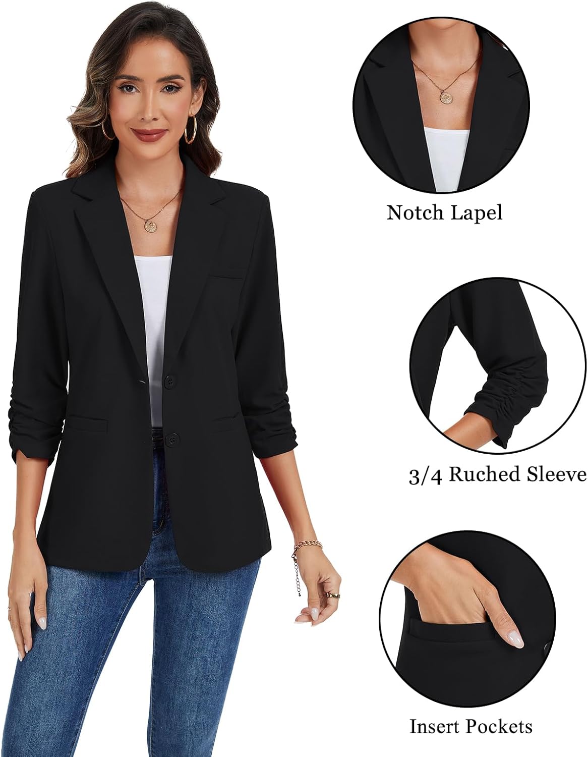 MINTLIMIT Ruched 3/4 Sleeve Blazer Jackets for Women Shoulder Pad Button Front Notch Lapel Casual Blazers with Pockets - Image 3