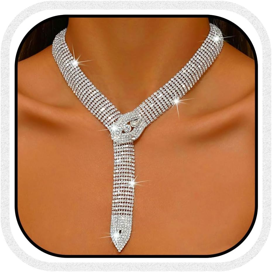 Unicra Large Silver Necklace Chunky Rhinestone Necklaces Sparkly Diamond Fashion Costume Jewelry Necklace for Women