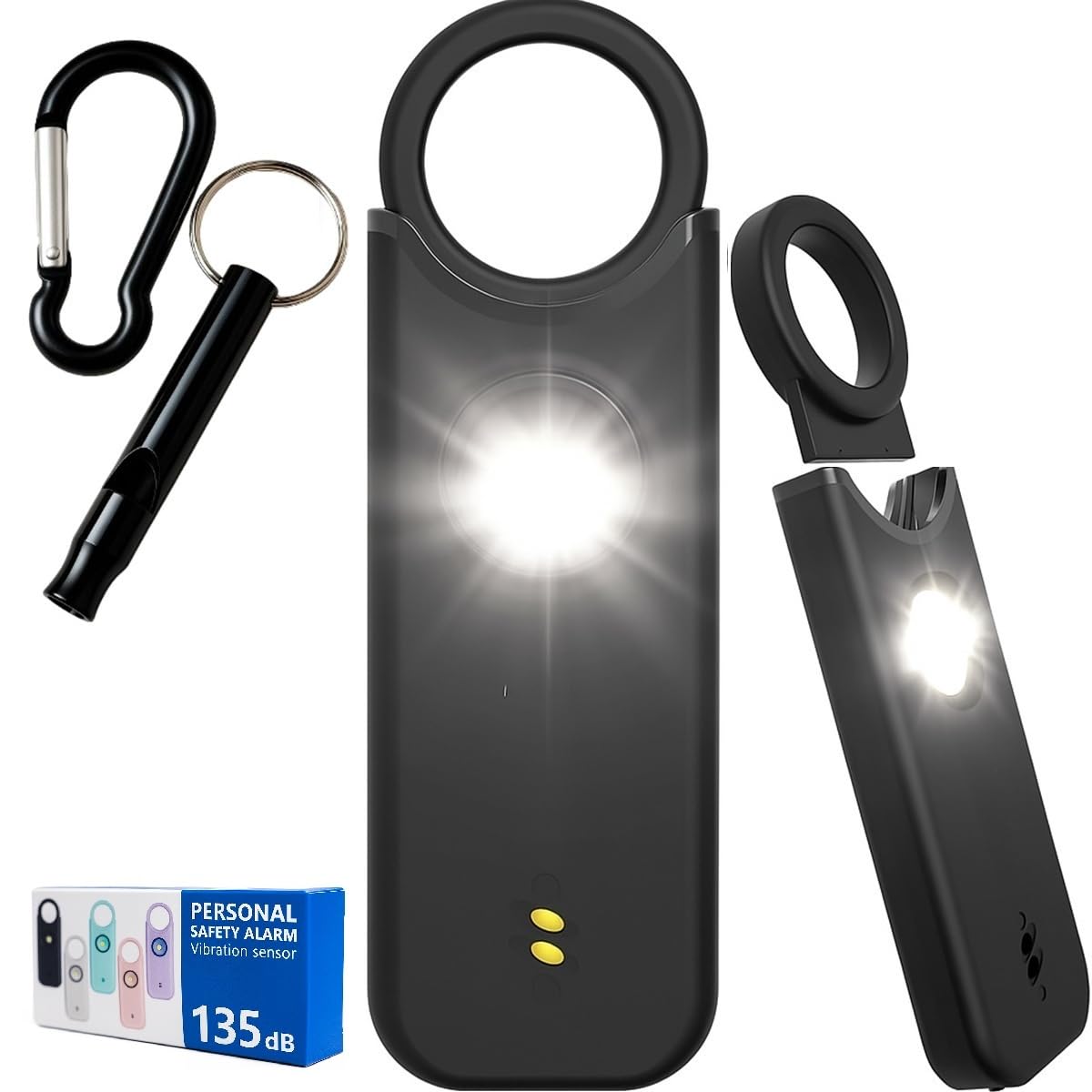 Alarma Personal para Mujeres Niños y Ancianos - 135 decibelios, con Silbato de Emergencia, Luz Estroboscópica, Linterna, Avisador de BaterÃa Baja. Defensa Personal y Seguridad