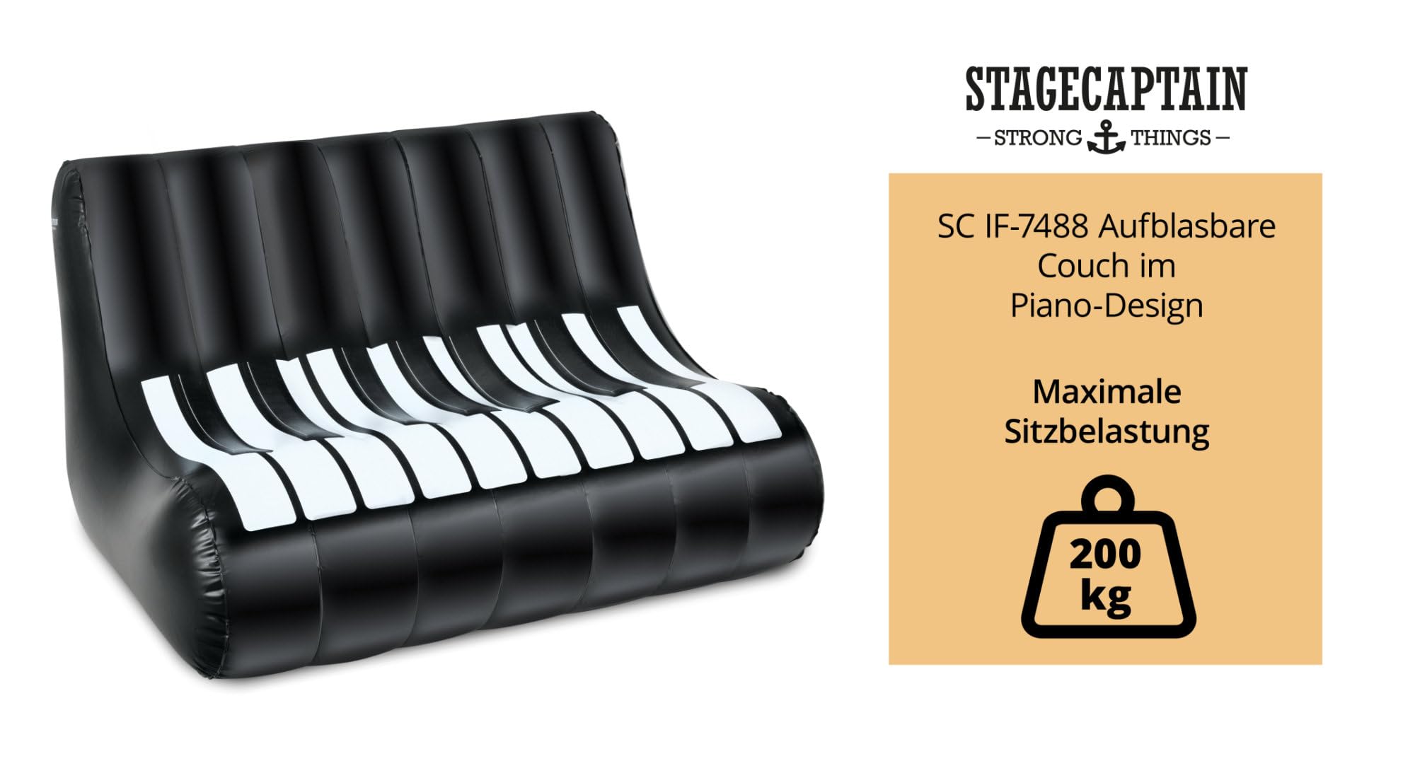 Stagecaptain IF-12088 Opblaasbare Sofa Piano-Design - Bank van PVC - Voor 2 Personen - Ideaal voor festivals, kamperen, tuin, oefenruimte of woonkamer - Afmetingen: ca. 127 x 75 cm