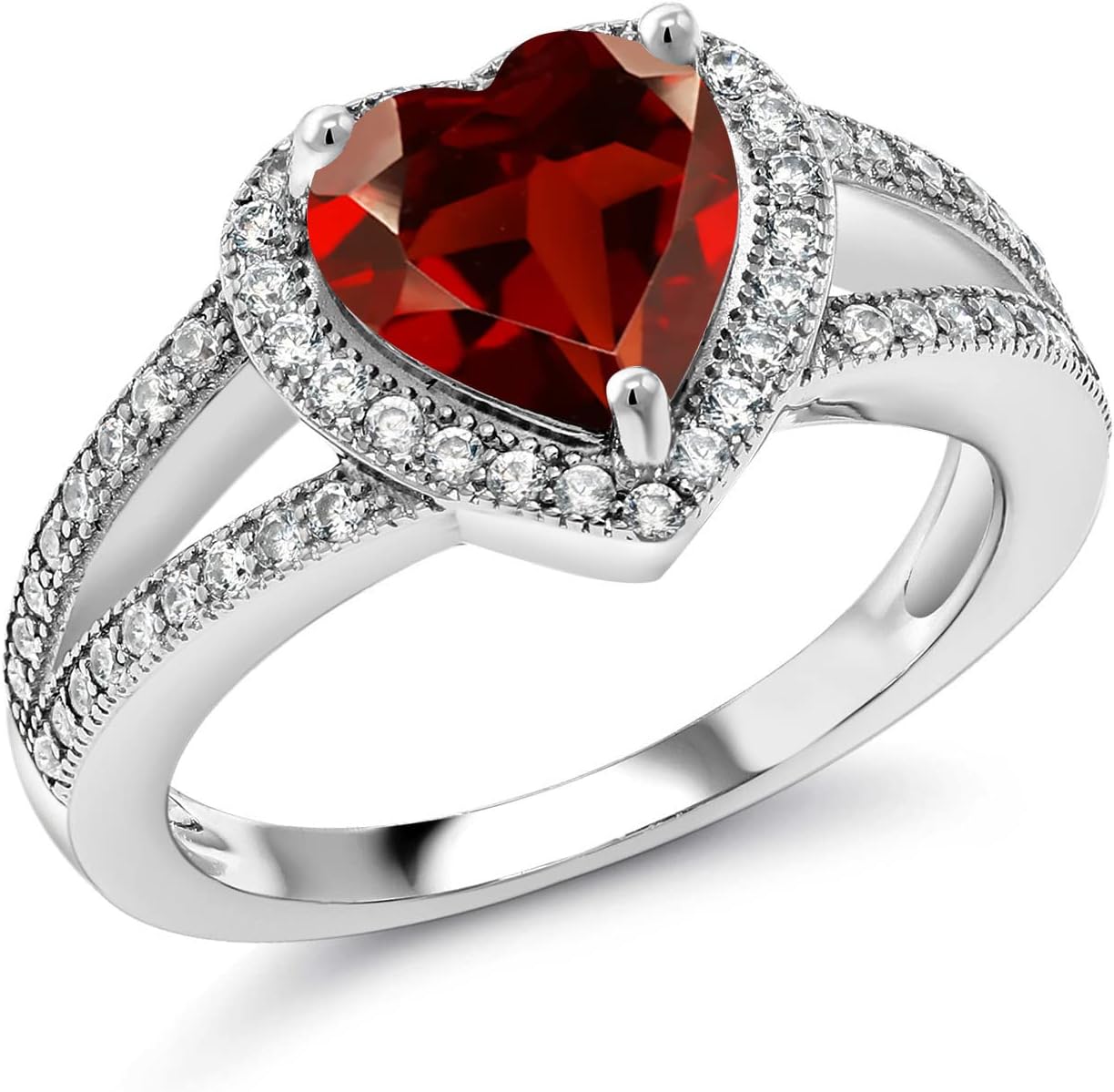 Gem Stone King 8MM Heart Gemstone Birthstone and White Moissanite Halo Ring For Women | 925 Sterling Silver | Jewelry for Anniversary Wedding Engagement Promise