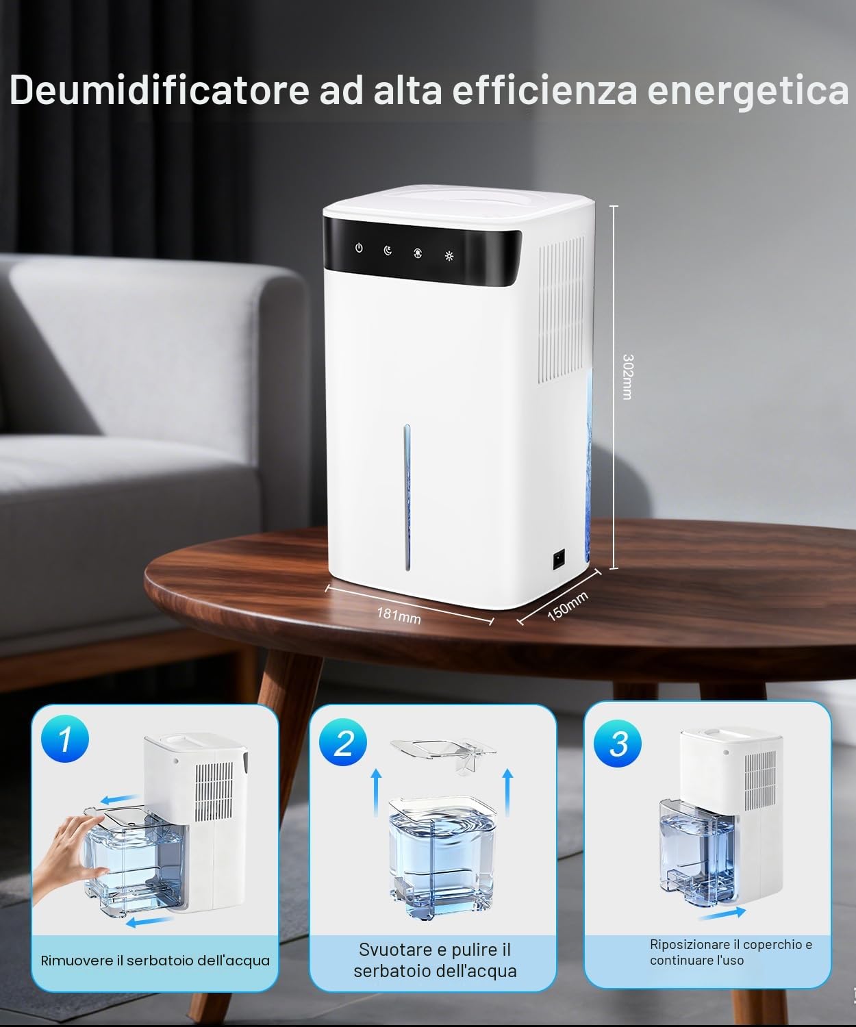 Mini Deumidificatore Elettrico 2600ml, con Luce Cambiante e Funzione di Sbrinamento - Modo Notte Silenzioso 40dB per Camera da Letto, Cucina, Cantina, Anti-Umidità