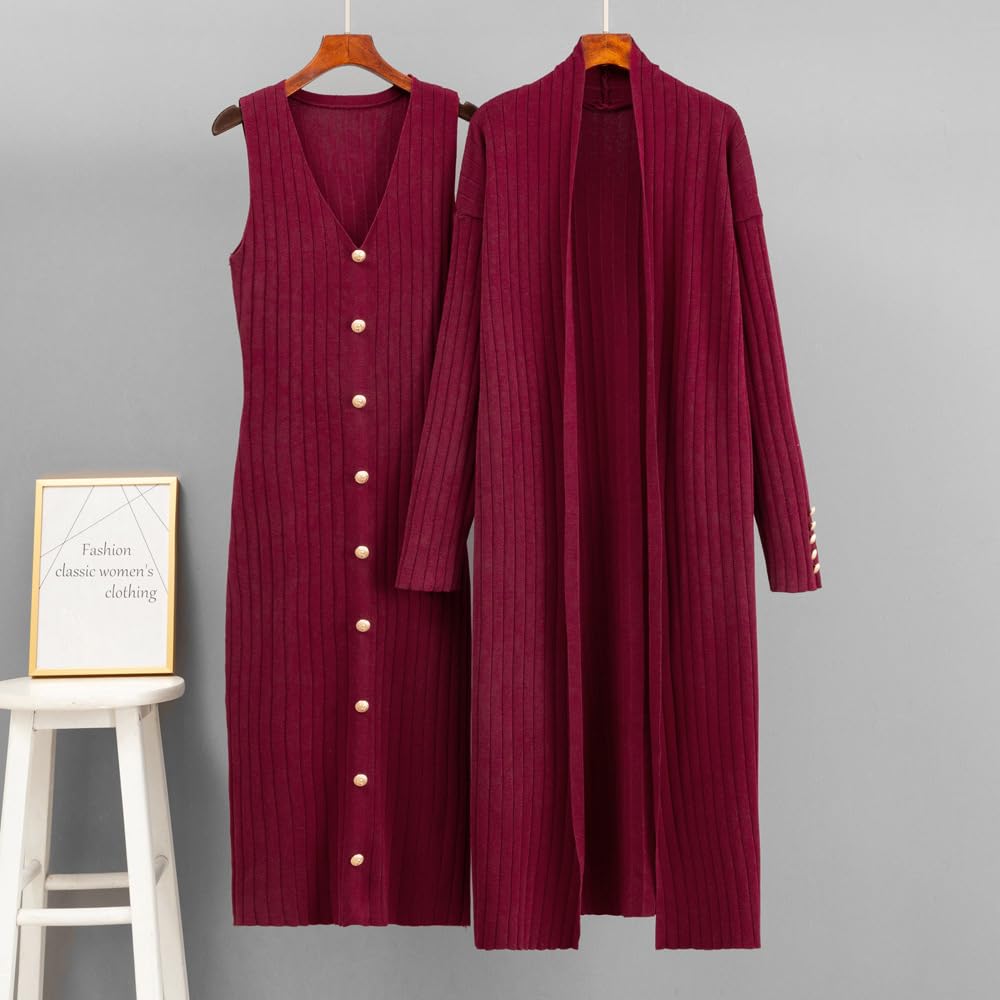 Conjuntos Mujer Verano Conjunto De Dos Piezas Para Mujer: Vestido De Punto Con Cárdigan Largo Vestido Sin Mangas Tipo Chaleco Y Cárdigan Largo Con Frente Abierto Conjunto Elegante De Ropa De Estar
