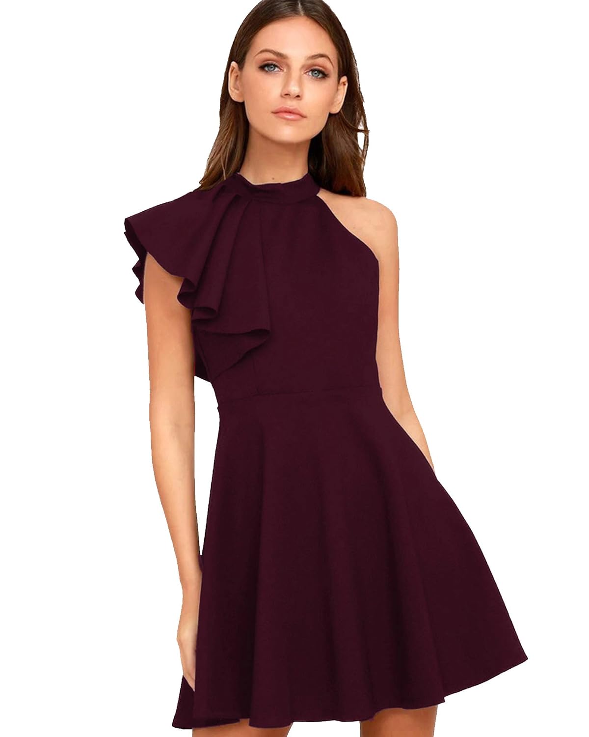 A woman wearing a Maroon Ruffle Shoulder Skater Dress