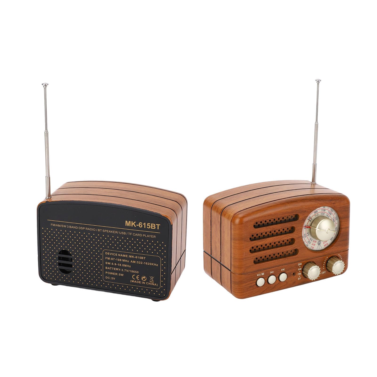 Radio AM FM vintage Altoparlante retrò portatile USB con antenna regolabile, batteria 1800mAh, legno