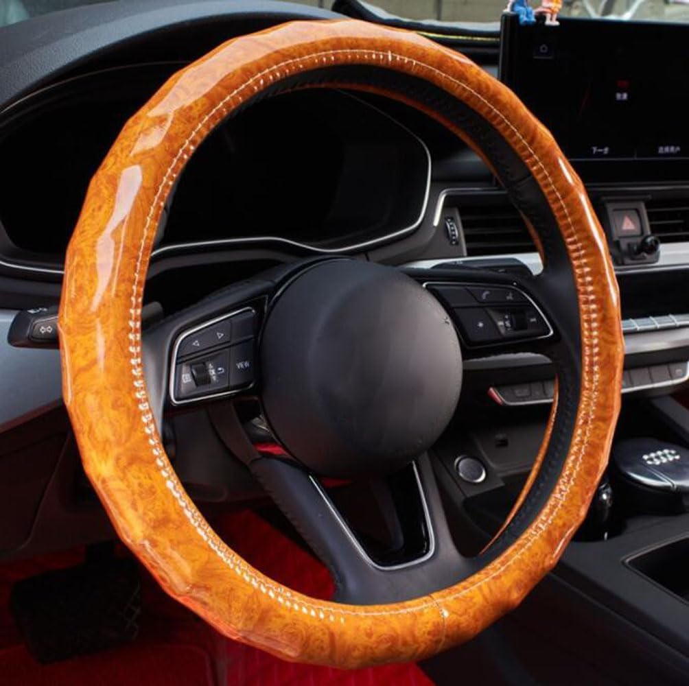 GZE Wood Grain Car Steering Wheel Covers 15 Inch Universal Anti-Slip Luxury Interior Decorations Durable Leather Steering Wheel Protector (Orange)
