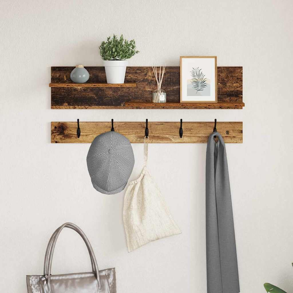 Porte-manteau mural étagère bois vieilli pour une chambre et un couloir ordonnés
