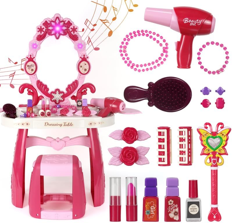 Toddler Vanity Set with Mirror, Lights & Music – Pink Princess Makeup Table with Stool, Pretend Play Beauty Salon Toy with Hair Dryer & Accessories for Little Girls Ages 3–5 Dress Up Gift (Pink)