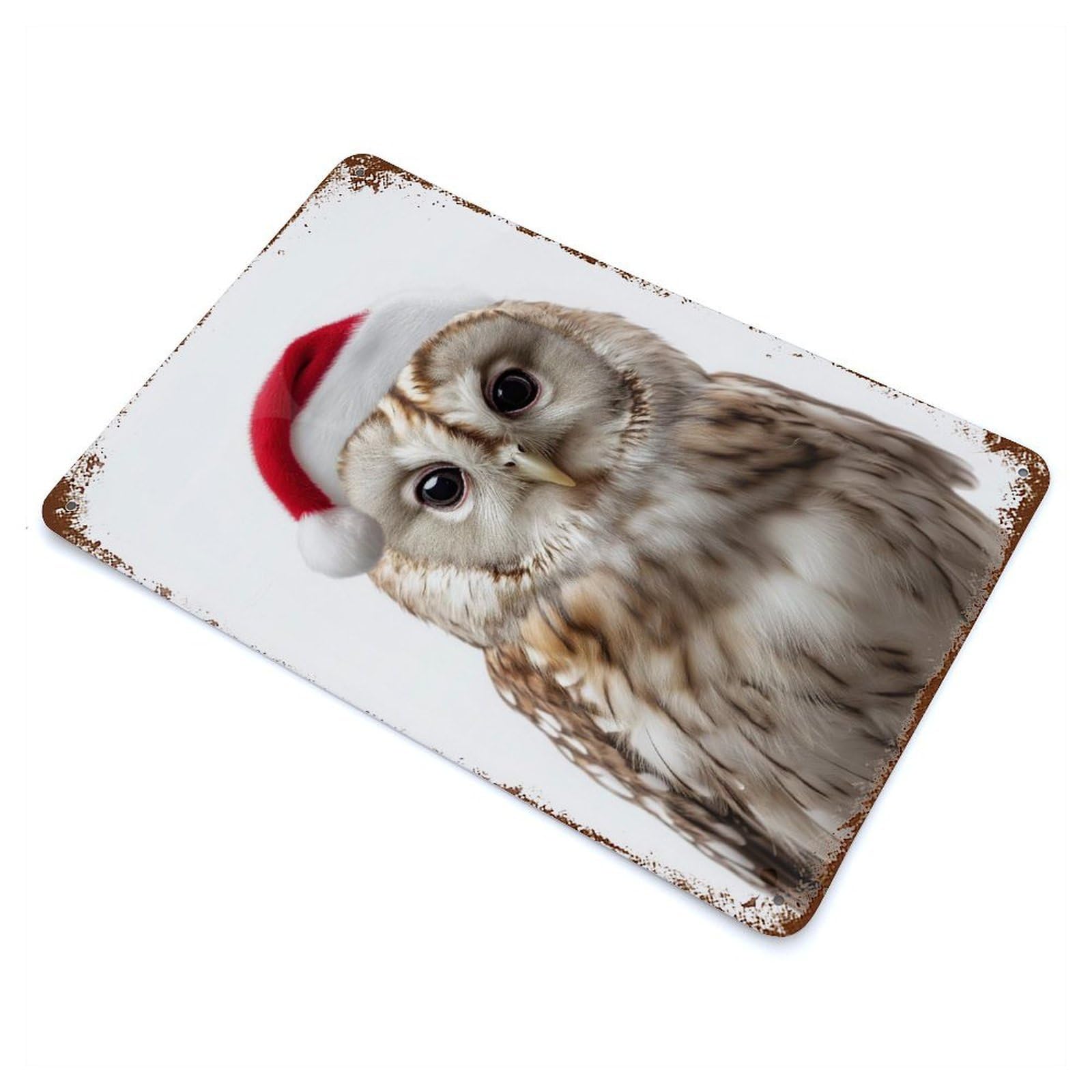 Owl Wearing A Santa Hat Rustic Tin Plaque 11.8"x7.9", Ideal for Shed, Workshop And Garage Wall Decor