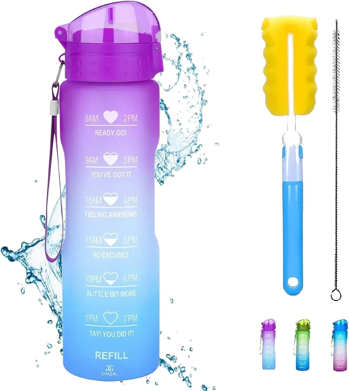 Water Bottle 1L Leakproof Tritan BPA Free, Straw, Brush, Motivational Time Marker for Fitness, Gym, Outdoor Sports, Cycling, Adults & Kids, School, Office, Reusable, Tracker, Flip Top Lid (Ghazal)