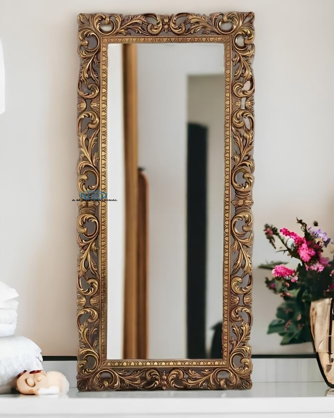 A.M INTERNATIONAL Wooden Mirror Frame for Wall Decoration | Wall Mirror for Bedroom | Antique Mirror Full Length |, Wall Mount| Mango Wood (4 * 2.5 ft)-image-16