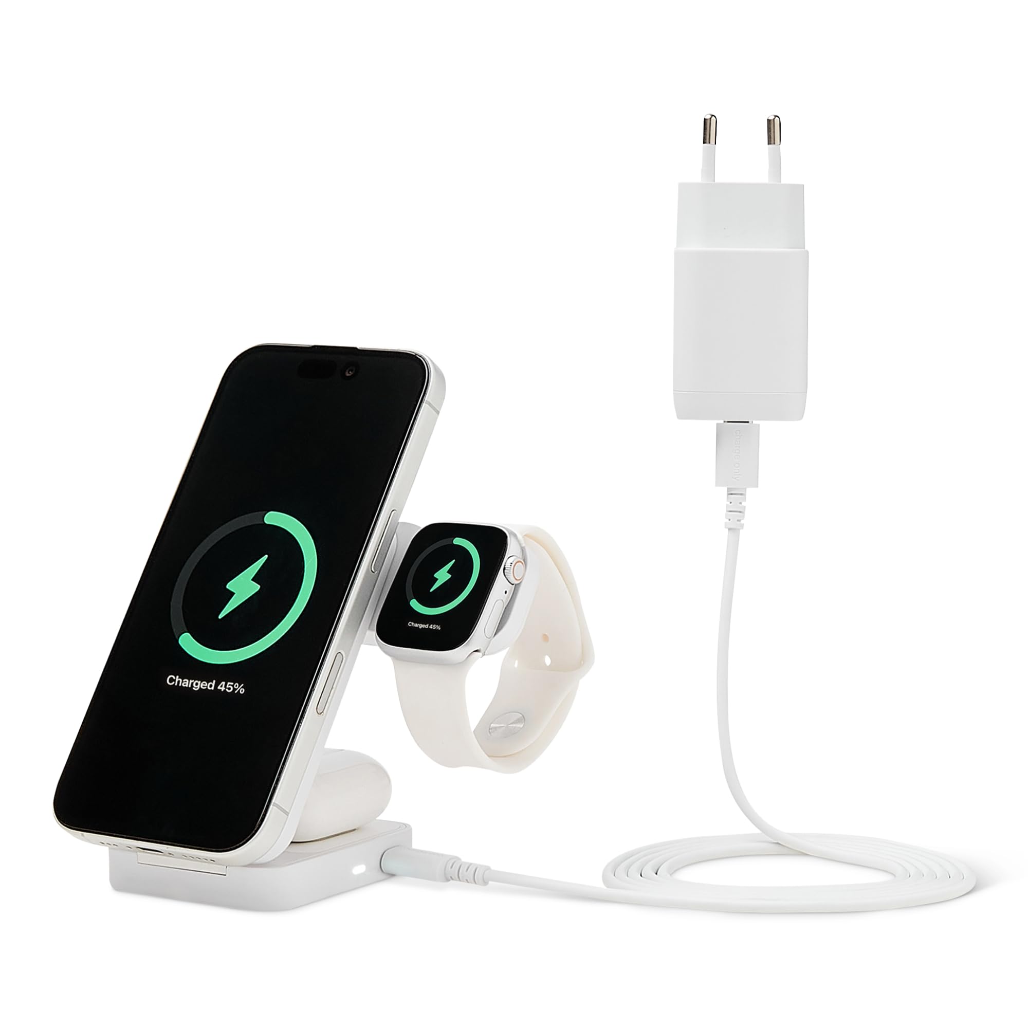 Amazon Basics Station de Recharge sans Fil 3 en 1 25 W certifiée Qi2.2, Support Pliable Compatible MagSafe pour iPhone 17/16/15/14/13/12, Apple Watch, AirPods, avec Adaptateur 45 W, Blanc