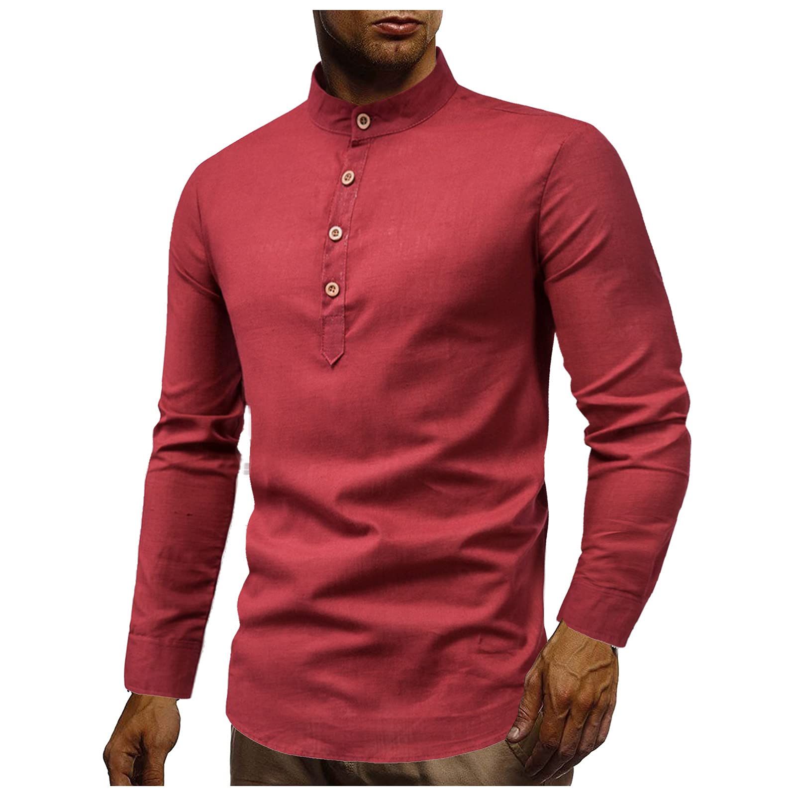 Innerternet Camisa de lino para hombre, camisa de verano, camisa suave de marca con botón, camisa informal de manga larga, camiseta de popelín con cuello alto, camisa de lujo para senderismo, rojo, XXL