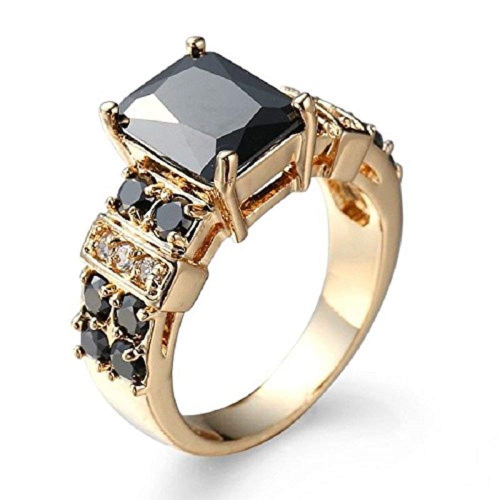 MAIHAO Saengthong 14K Yellow Gold Filled Princess Cut Black Onyx Ring Wedding Jewelry Size 6-10