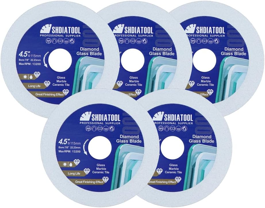 SHDIATOOL Diamond Glass Cutting Disc 4-1/2-Inch Saw Blade, Ultra-Thin Cut Off Wheel for Tile Ceramic Porcelain Marble 115mm (5 of Pack)